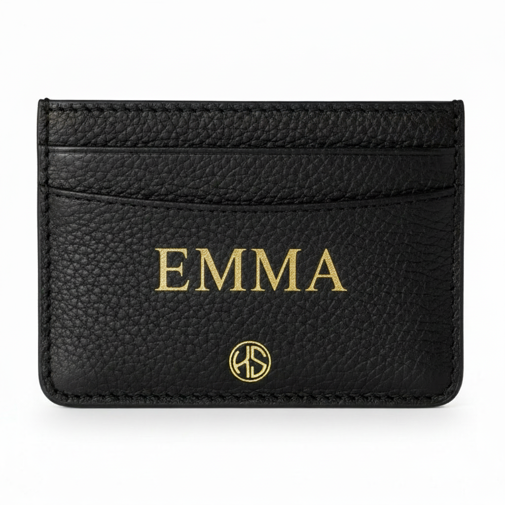 Black leather cardholder with EMMA lettering
