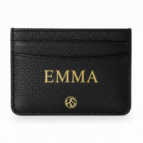 Black leather cardholder with EMMA lettering