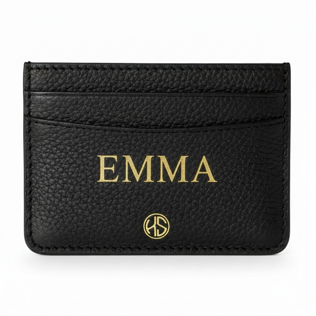 Black leather cardholder with EMMA lettering