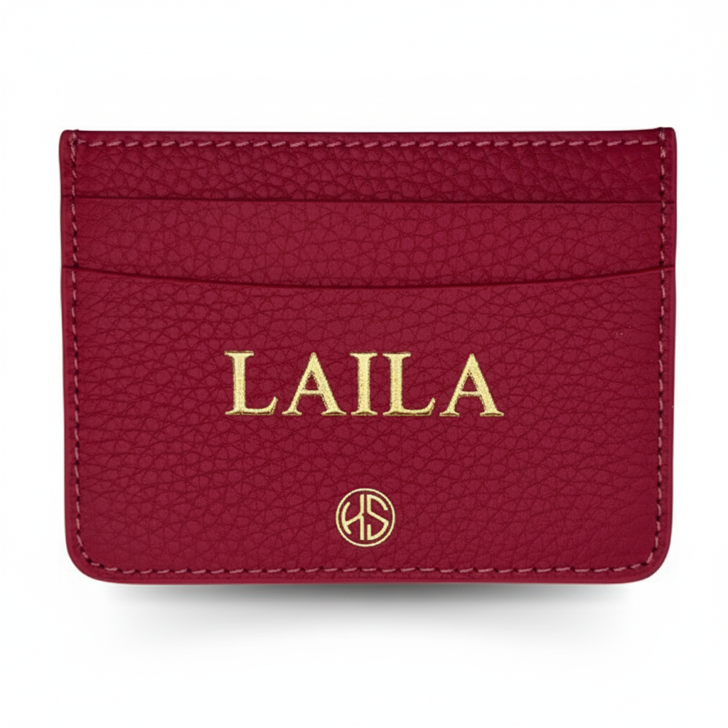 Enhanced burgundy cardholder with high-quality LAILA lettering