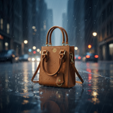 Leren bag met stedelijke regenachtige achtergrond