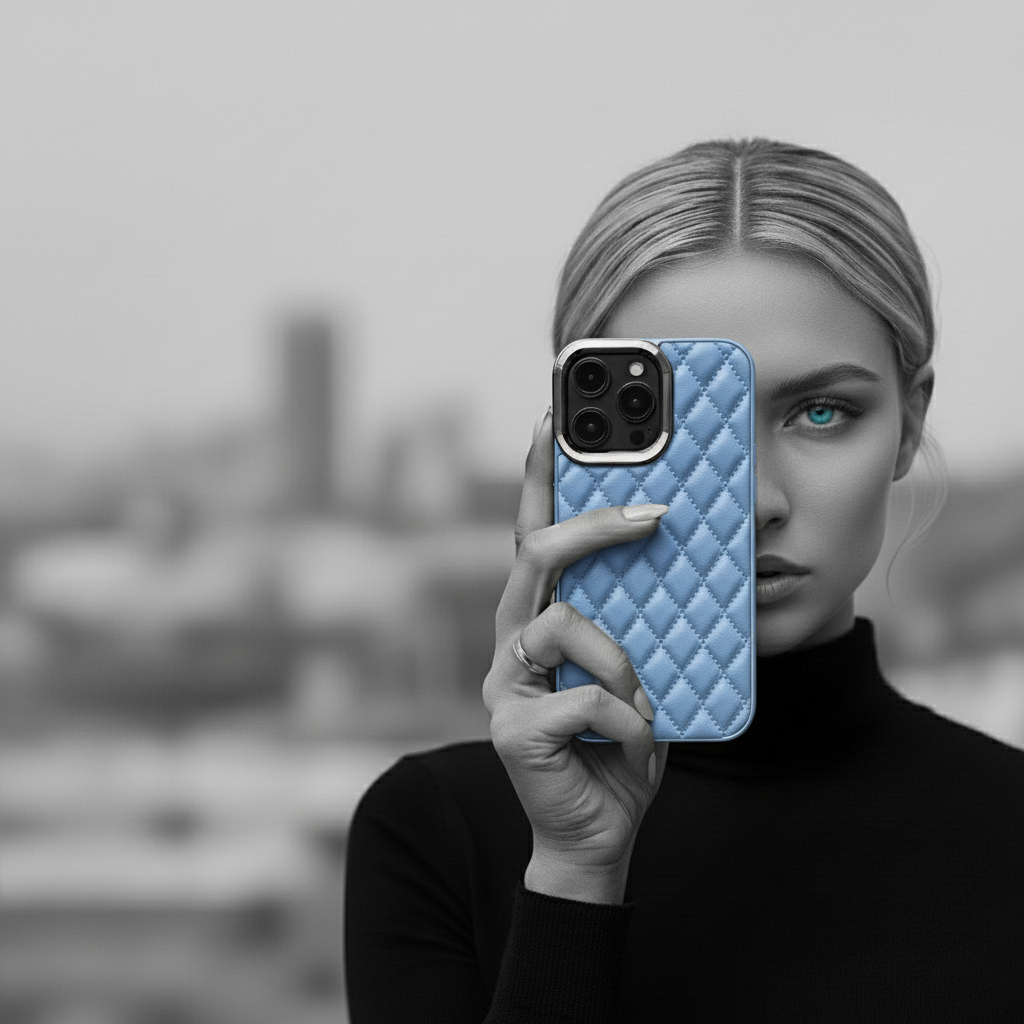 Lifestyle photo with sky blue phone case and matching eye